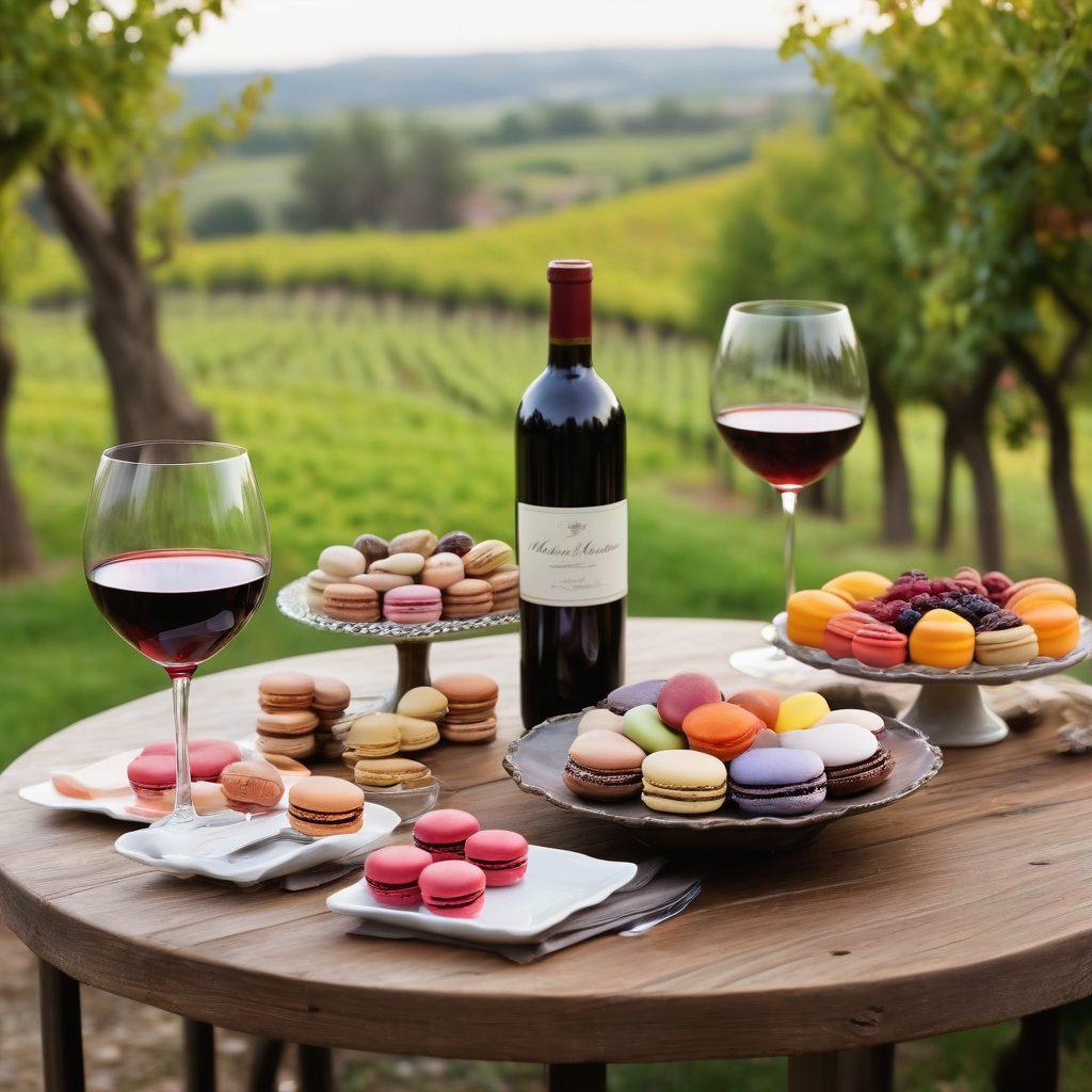 A cozy table set for two, adorned with a bottle of red wine and elegant wine glasses, alongside an array of colorful desserts like macarons, chocolate truffles, and fruit tarts. Soft, warm lighting enhances the inviting atmosphere, with a backdrop of a rustic vineyard. The scene exudes joy and indulgence, inviting readers to explore wine pairing with sweets. vibrant colors. super-realistic.