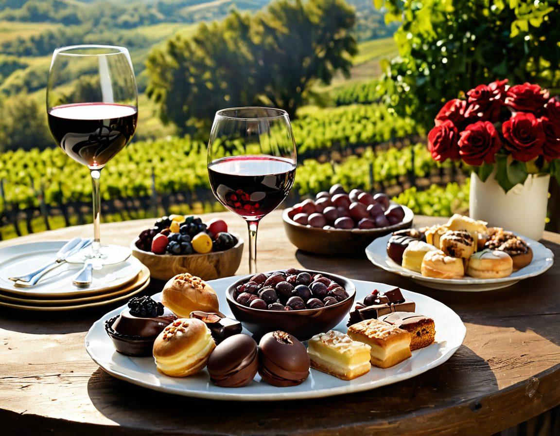 A beautifully arranged dessert plate featuring an assortment of elegant pastries and chocolates, paired with a glass of rich red wine. The background showcases lush vineyards under golden sunlight, hinting at the journey from grape to gourmet. Include soft floral accents and a hint of rustic wooden elements for an inviting atmosphere. super-realistic. vibrant colors. warm tones.