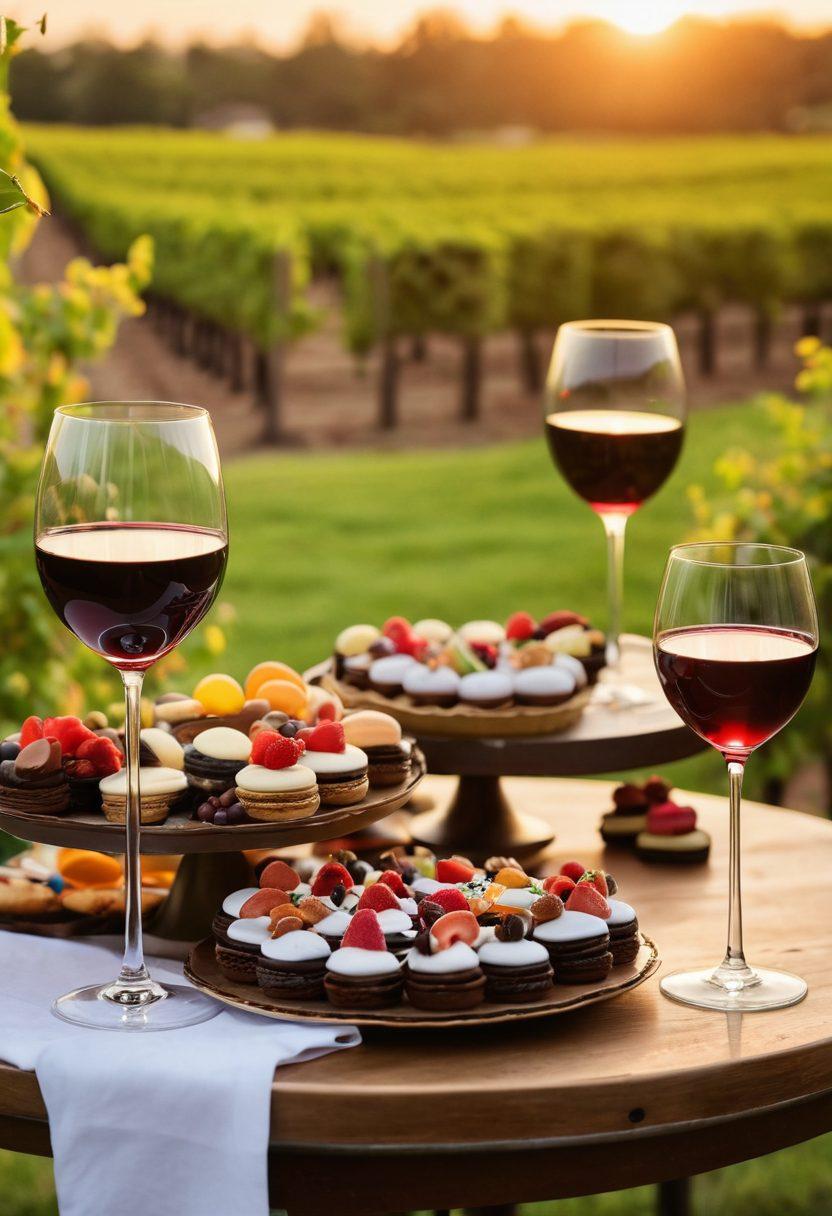 A beautifully arranged table featuring a variety of wines paired with an assortment of desserts, such as chocolate cake, fruit tarts, and macarons. Soft lighting enhances the scene, creating a warm and inviting atmosphere. Include elegant wine glasses, a corkscrew, and a backdrop of a vineyard at sunset to evoke a sense of joy and sophistication. colorful, soft focus, romantic feel.